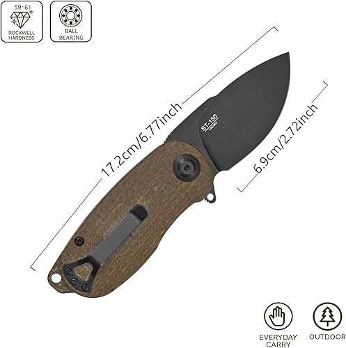 Miniatura 2 de Sitivien Cuchillo plegable de bolsillo ST150, Sandvik 14C28N, hoja negra lavada a la piedra con asas de micarta, cuchillos de herramienta EDC para