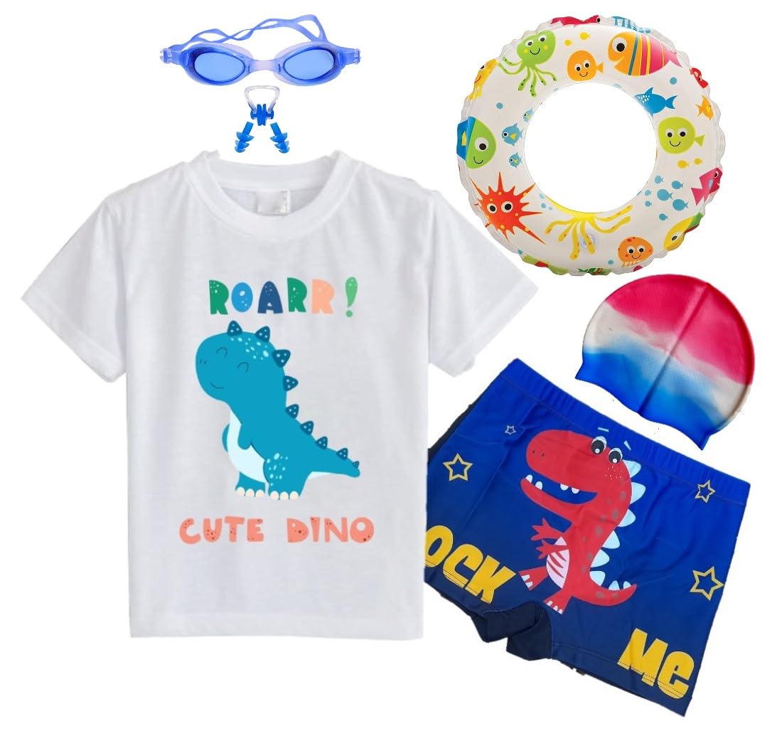 Swimming Costume for Kids Boys and Girls | Complete Swimsuit for Begineers (Style-Dino2, Trunk/Cap Design May Vary) (4-6 Years, Style-Dino2)