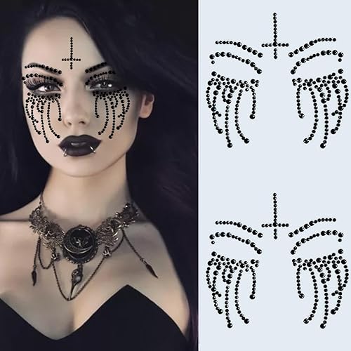 Tatuajes de gemas faciales para Halloween, 2 piezas de tatuajes temporales de calavera para el Día de los Muertos, piedras de cristal de diamantes