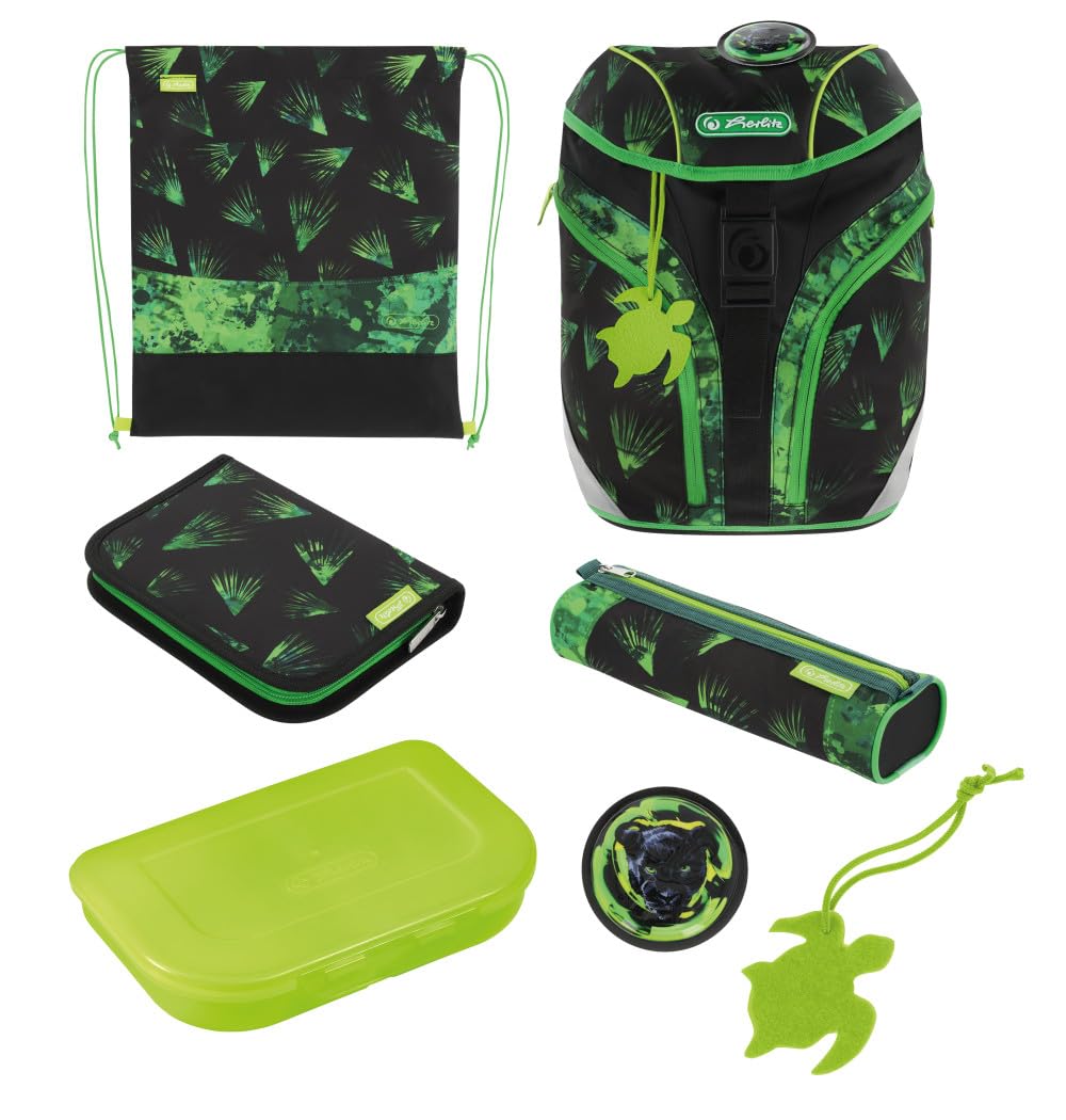 Herlitz Softlight Plus Mochila escolar, Niños, Multicolor, 38 x 28 x 23 cm | Negro y verde, de botellas de PET recicladas, 1ª clase primaria, 18 l, Panther