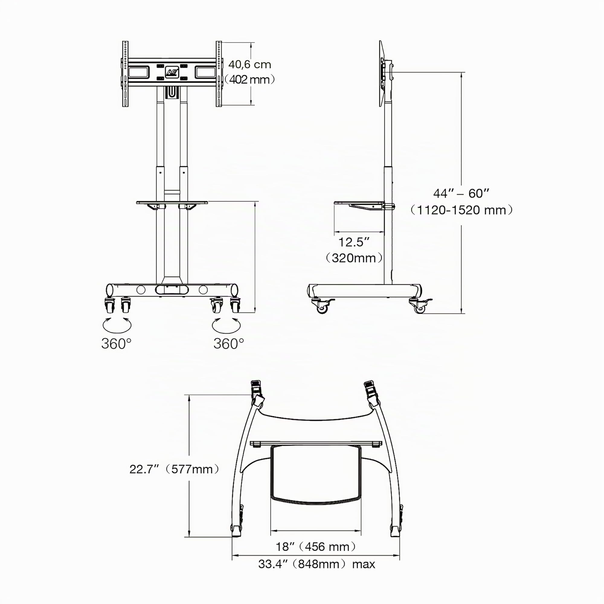 Ergosolid Supporto TV da Pavimento con Ruote Carrello Staffa Porta Mobile Stand Orientabile per Schermi 32" a 70", fino a 45,5 kg, nero