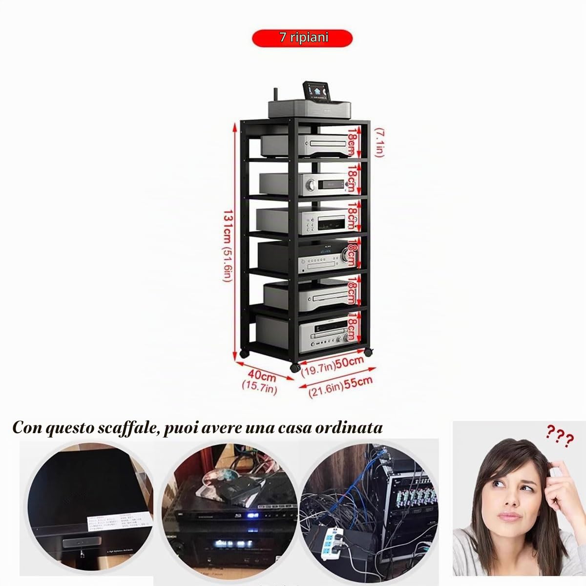 mobile stereo hi fi rack hifi Torre Rack Audio Video A 7 Livelli, Altezza 131 Cm, Mobile Porta TV Stereo, Ripiani For Amplificatore Altoparlante, Supporto For Console Di Gioco, Ricevitore, Lettore DVD
