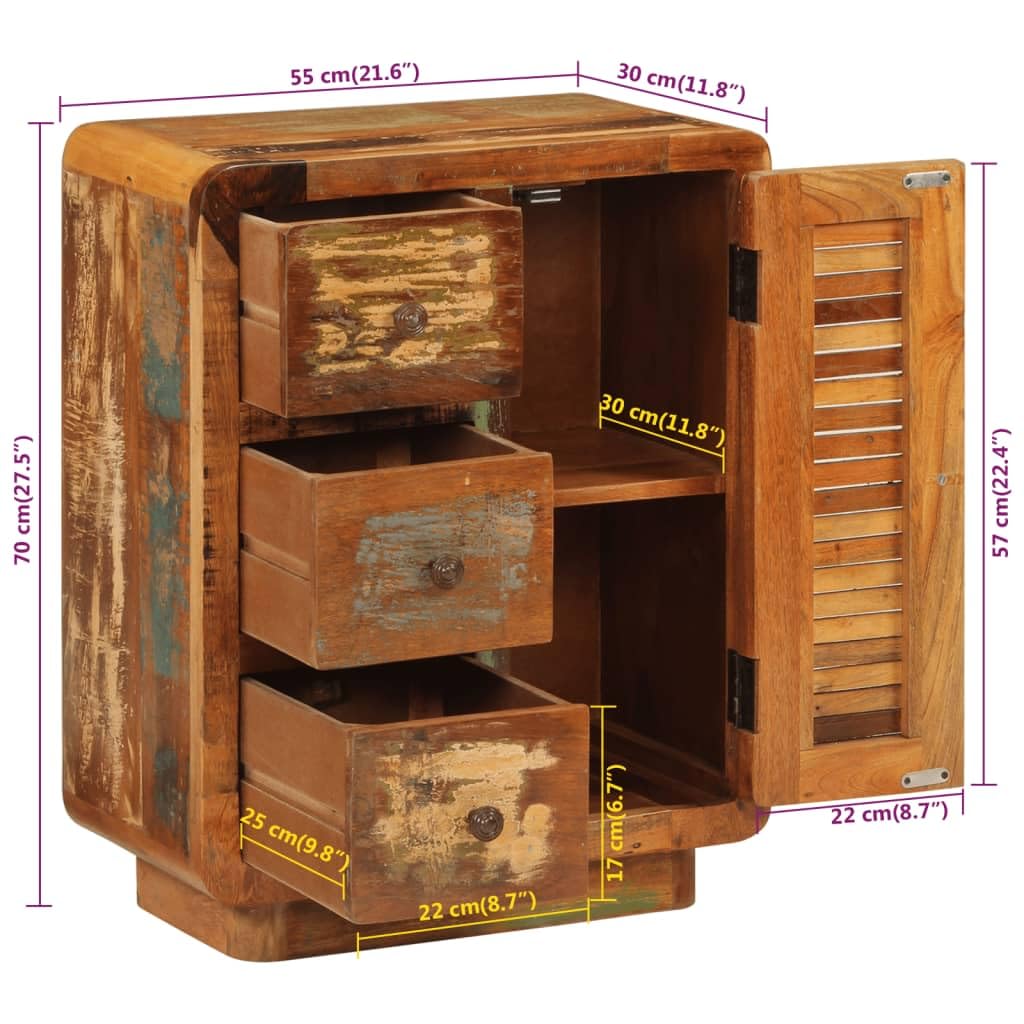 Credenza con 3 Cassetti 55x30x70 cm Legno Massello di Recupero, PL352026
