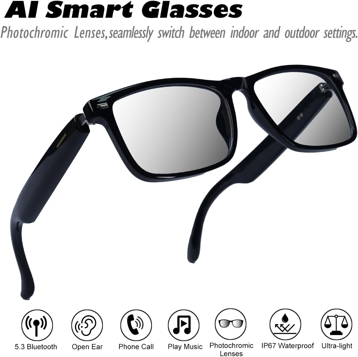 AI Smart Glasses, Anti Blue Light Bluetooth Translation Glasses with 164 Hands-Free Calls & Audio Multifunctional Smart Sunglasses for Men Women Travel Trade Business (KL07-Black-Color-Change-Lens)