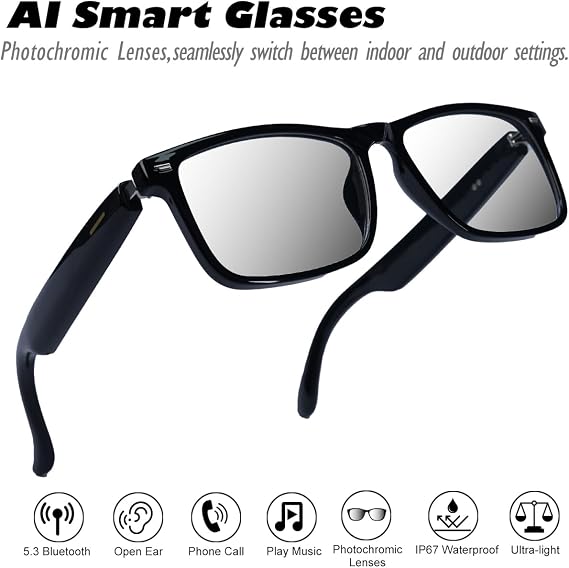 AI Smart Glasses, Anti Blue Light Bluetooth Translation Glasses with 164 Hands-Free Calls & Audio Multifunctional Smart Sunglasses for Men Women Travel Trade Business (KL07-Black-Color-Change-Lens)