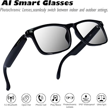 AI Smart Glasses, Anti Blue Light Bluetooth Translation Glasses with 164 Hands-Free Calls & Audio Multifunctional Smart Sunglasses for Men Women Travel Trade Business (KL07-Black-Color-Change-Lens)