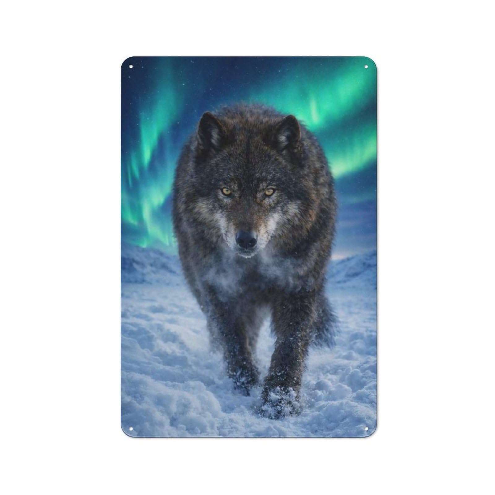 Junmoney Style-2 Wolf Under The Aurora Borealis Vintage Tin Sign 30X20cm For Garage Or Workshop, Suited To Garage Decor Fans, For Retro Home Interiors