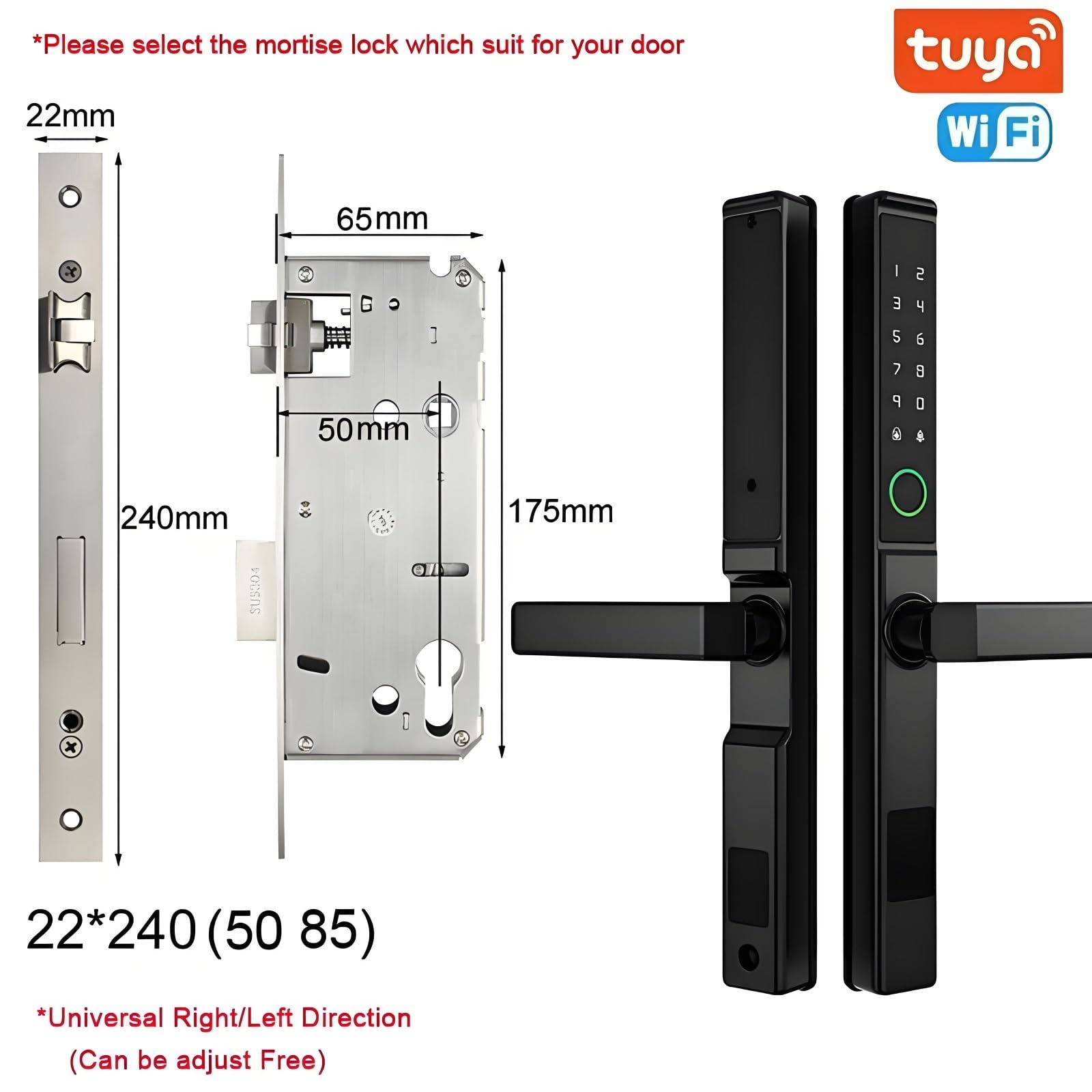 Serratura Smart Impronta Digitale Per Porte Scorrevoli Esterne WiFi Tuya IP68 Impermeabile Alluminio Maniglia Reversibile Mortise 240x22 Batteria Ricaricabile Nero