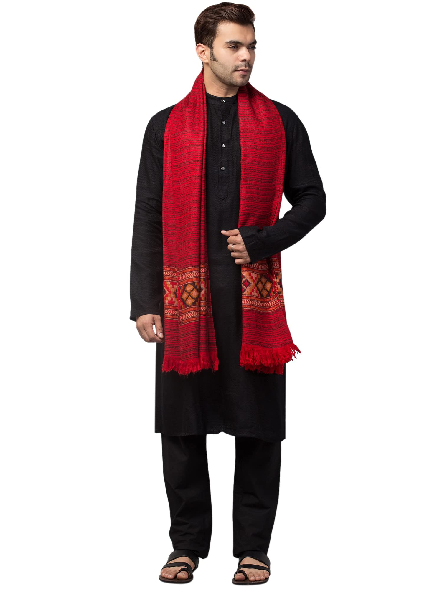tweedle Kullu Shawl/Stole for Men Inspired by Himachal Handicraft, Traditional Stripes Design - Red 3