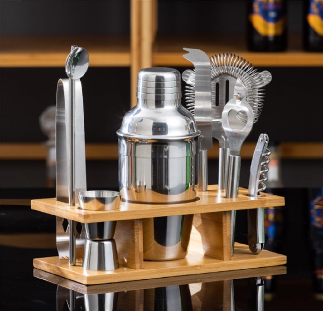 Juego de Cocktail Shaker Coctelera Negra con Elegante Soporte De Bambú, Juego De Herramientas De Barra De 9 Piezas con Folleto De Recetas Coctelera Profesional Herramientas (Color : A, Size : 750ml