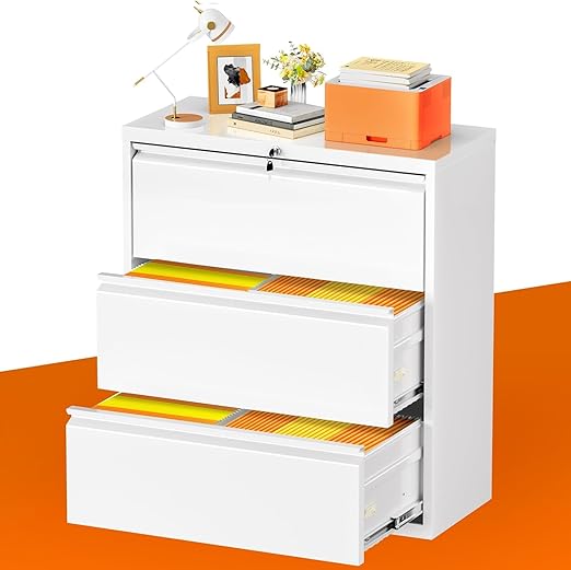 INTERGREAT Filing Cabinet 3 Drawer, Metal Horizontal File Cabinet with Lock, 28 W " Office Lateral File Cabinets with Anti-tilt Mechanism for Letter/Legal/A4/F4, White