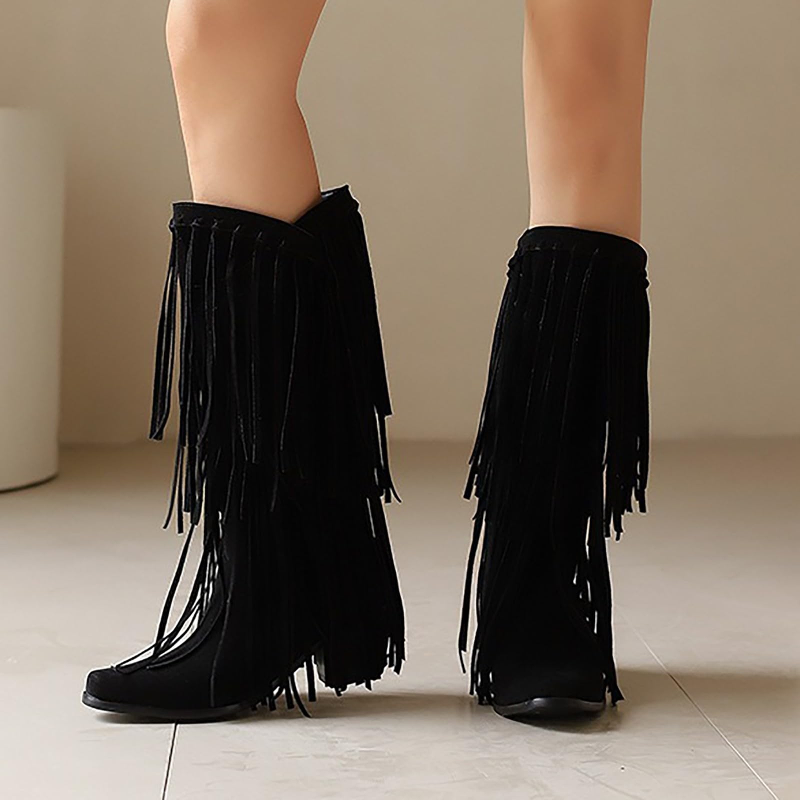 Stivali da cowboy da donna con frange, tacco a blocco, in pelle scamosciata, alti al ginocchio, eleganti stivali lunghi