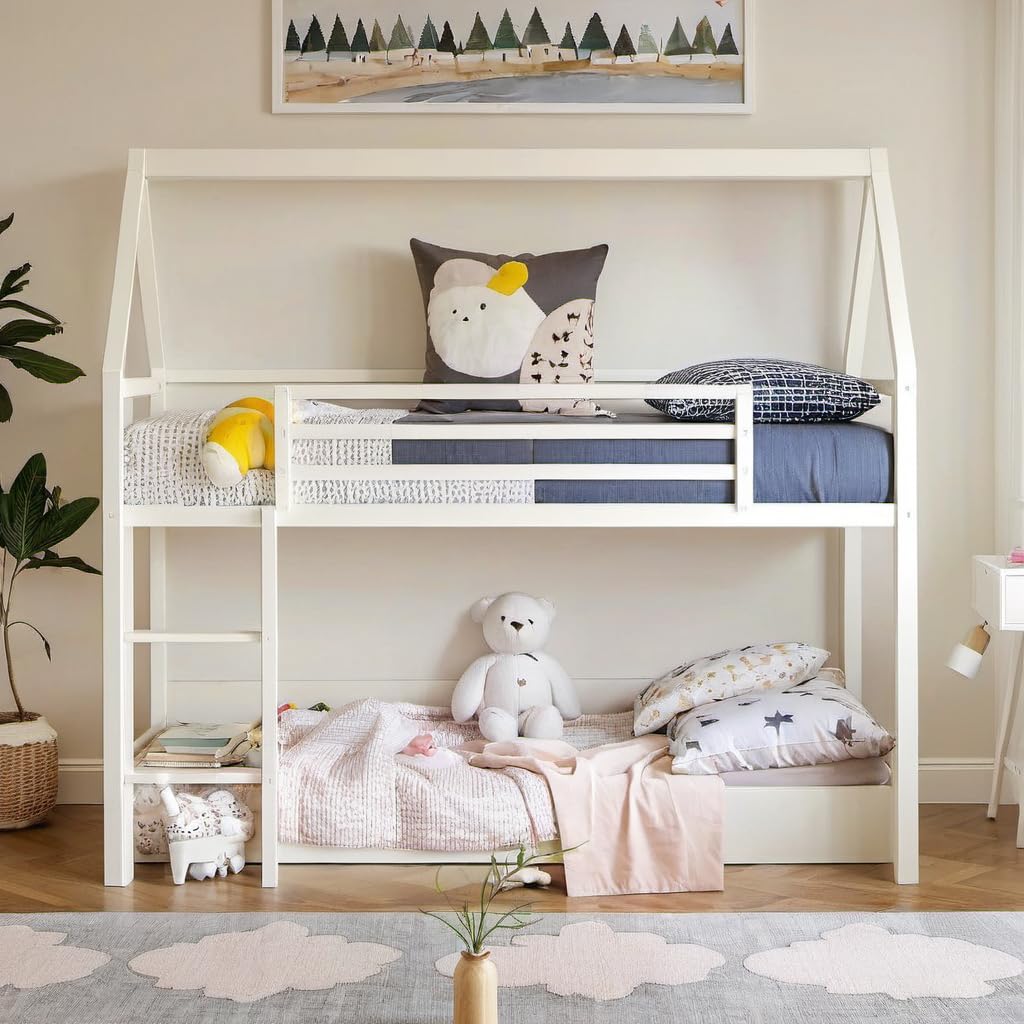 PVWIIK Bunk Bed Full Over Full for Girls,Boys,Full House Bunk Bed Frame with Guardrail & Ladder,Noise-Free,Easy Assemble,No Box Spring Needed,White