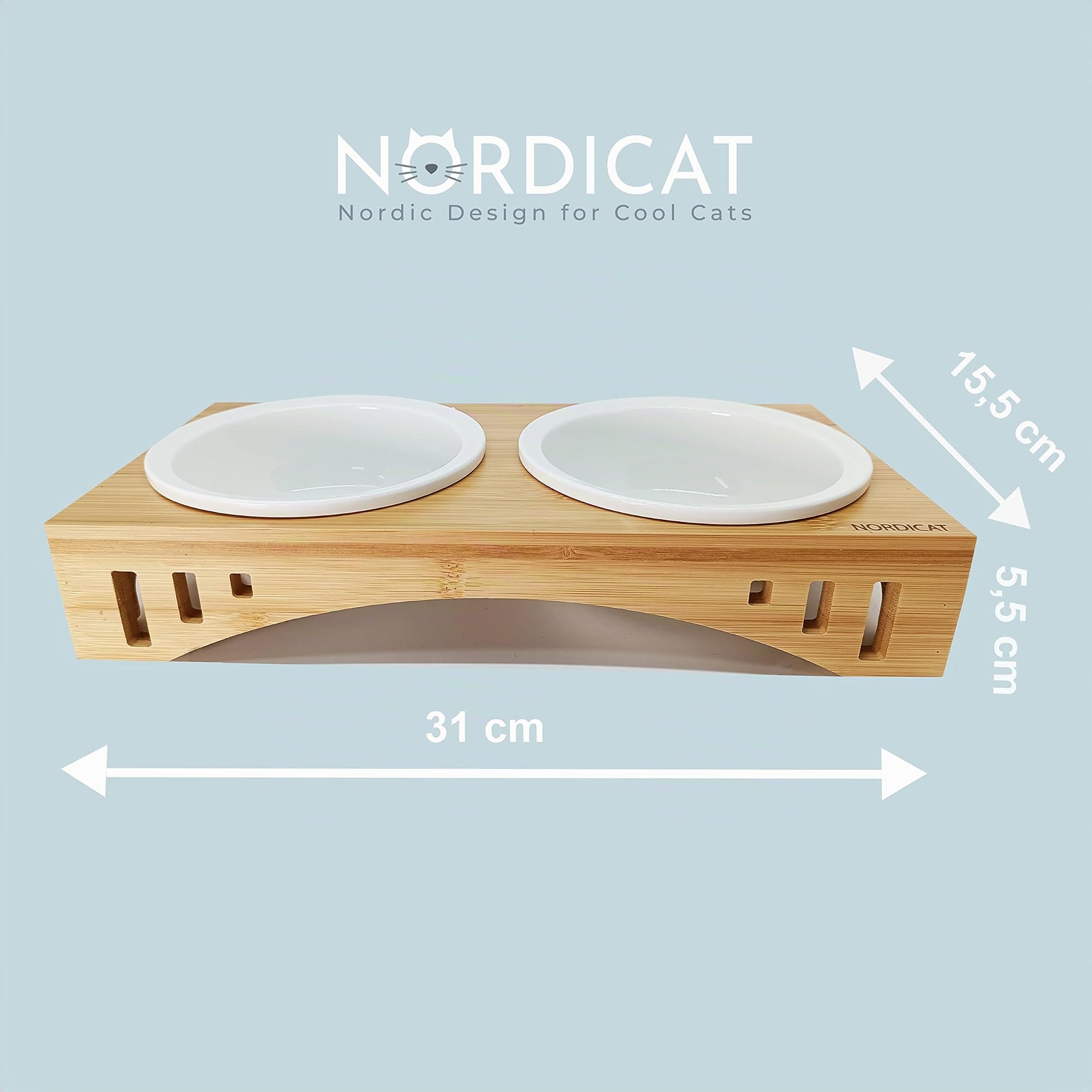 NORDICAT Ciotole per Gatti in Ceramica con Base Rialzata in Legno di Bamboo Antiribaltamento, Mangiatoia e Abbeveratoio Cibo Acqua Animali Domestici con Portaciotole Doppio, Accessori Gatti