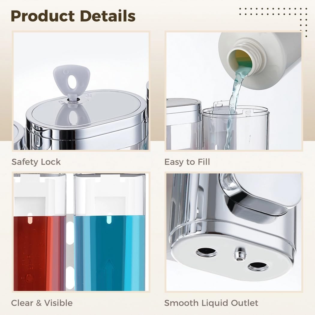 3-Kammer-Wandseifenspender, 3-Fach Duschseifenspender zur Wandmontage, 30 oz Spender für Shampoo, Conditioner, Duschgel und Handseife, ohne Bohren, mit 3 Pumpköpfen für Bad und Dusche