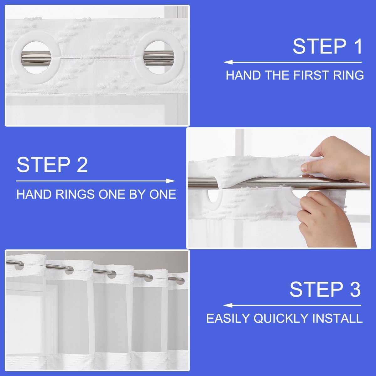 No Hook Shower Curtain Liner Set, Snap in Hookless Shower Curtain with Tassels, Ringless Chevron Tufted Fabric Boho Bathroom Curtains, Mesh Top Window Hotel Style Bath Curtains 74" x 71", White