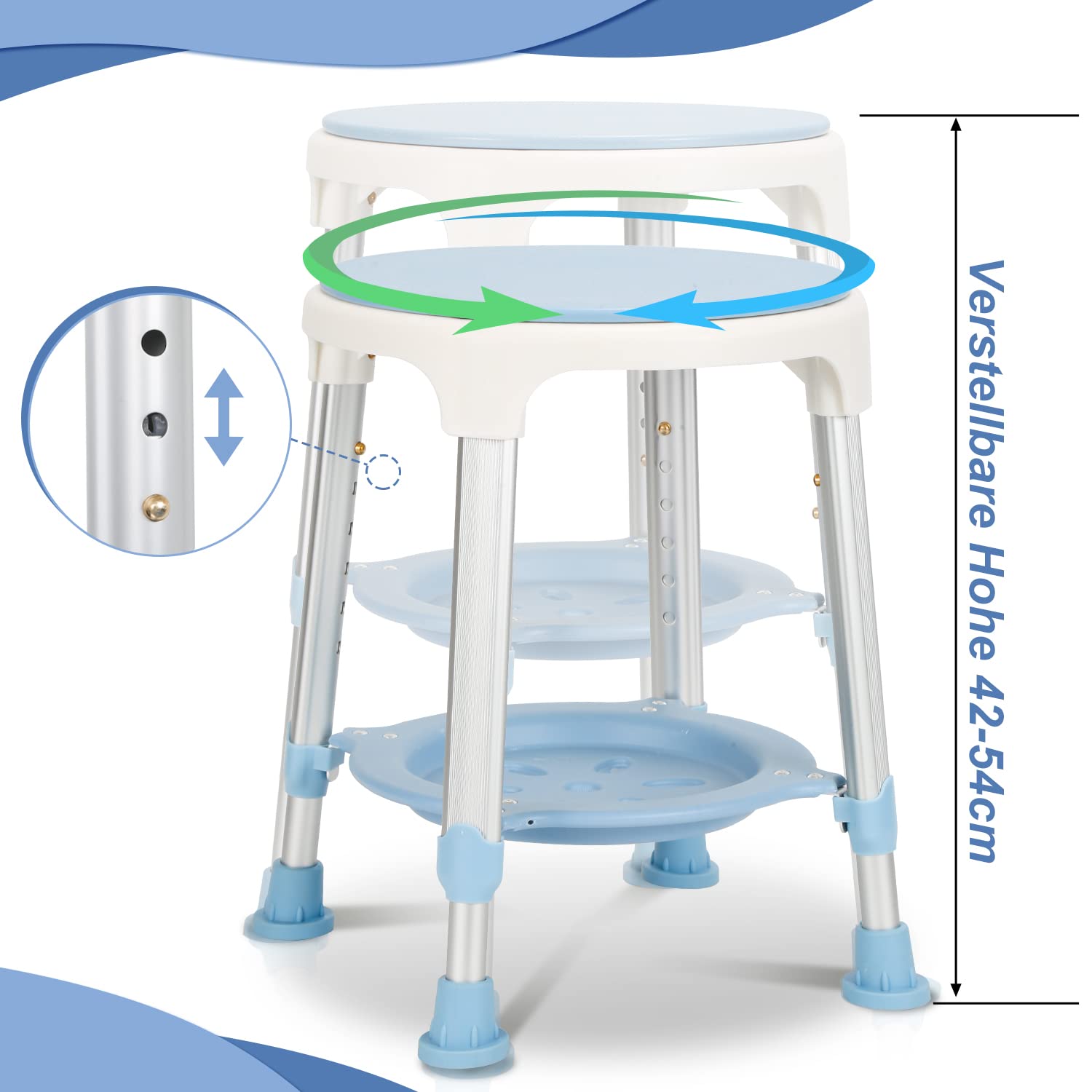 Daromigo Taboret prysznicowy obracany o 360°, 42-54 cm, z regulacją wysokości, stabilna pomoc pod prysznic, antypoślizgowa siedzisko prysznicowe, siedzisko łazienkowe dla seniorów, osób