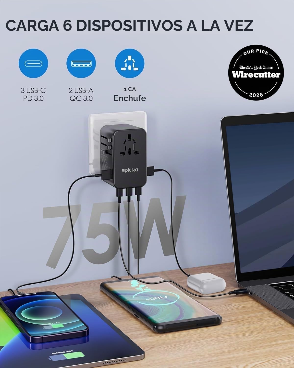 EPICKA Adaptador de Viaje Universal, GAN 75W Adaptador de Enchufe Internacional con 3 USB-C PD de Carga rápida y 2 adaptadores de Carga rápida USB-A Cargador de Pared Todo en uno para EE. UU., UE, | Adaptador de corriente internacional para EU/US/UK/AU, c