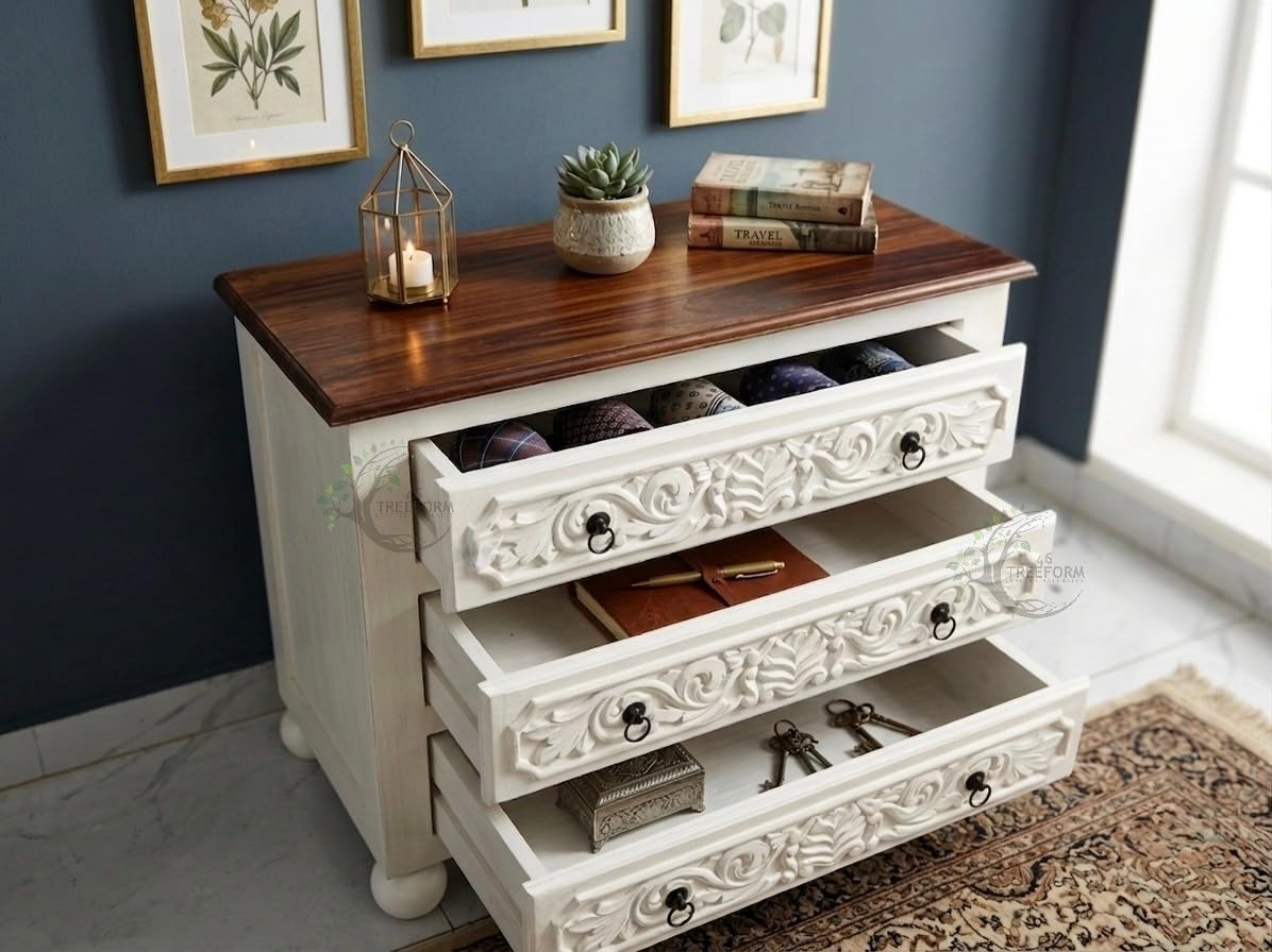 Treeform Wooden Chest of Drawers for Bedroom, Highly Carved 3 Drawer Dresser with Bun Feet, Rustic Farmhouse Storage Cabinet for Living Room, White & Walnut Finish-image-13