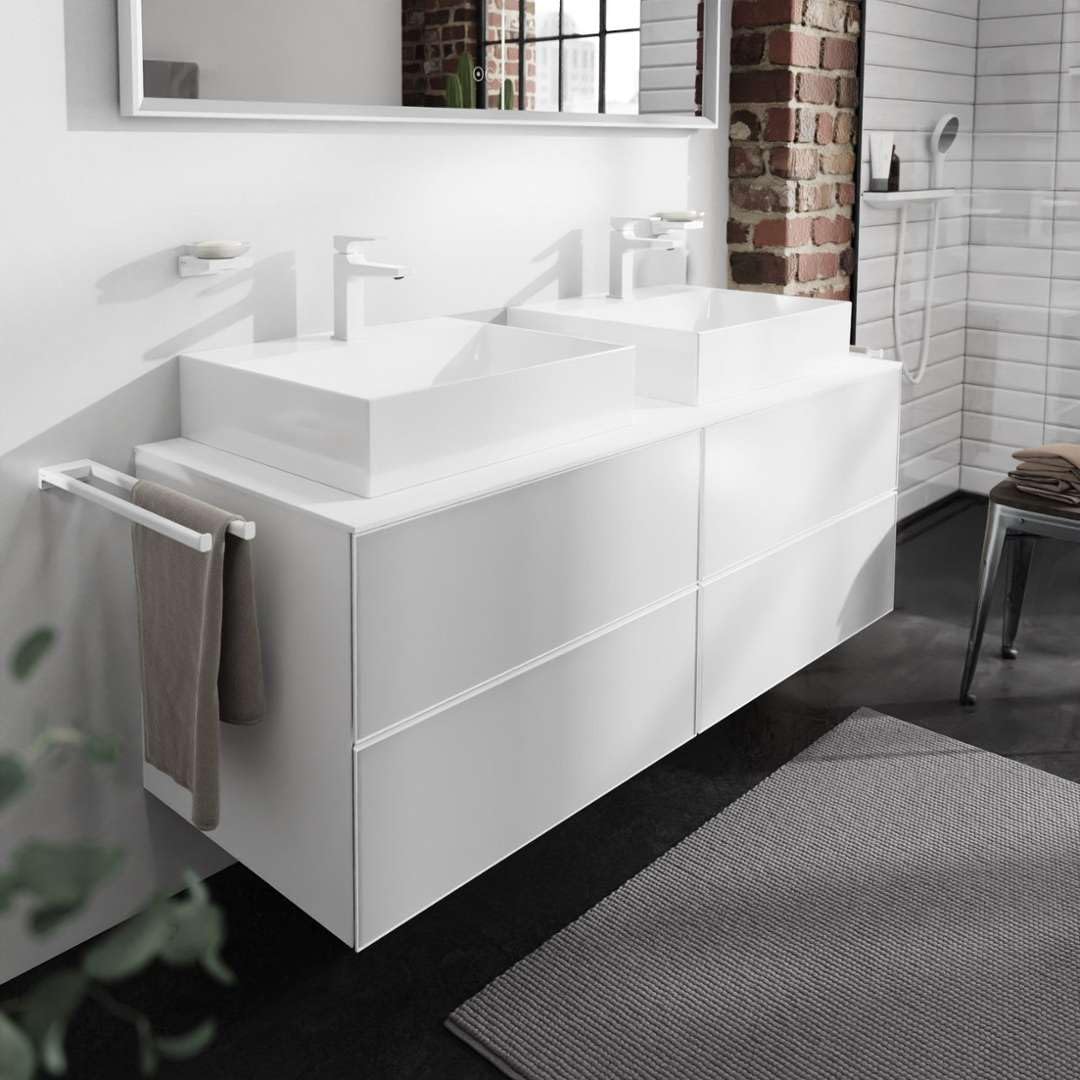 Hansgrohe Xevolos E Mueble bajo Lavabo, 4 cajones, 2 Huecos, 1570x550x555mm, para Consola con 2 lavabos sobre encimera, 54, Color: Carcasa Blanca Mate, Frontal Blanco Metalizado
