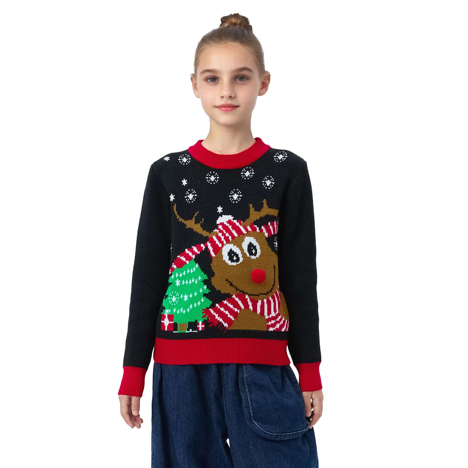 Maglione natalizio con renna e fiocco di neve, a maniche lunghe, girocollo, lavorato a maglia, per donne/uomini/bambini, Black Kid, 24 Mesi