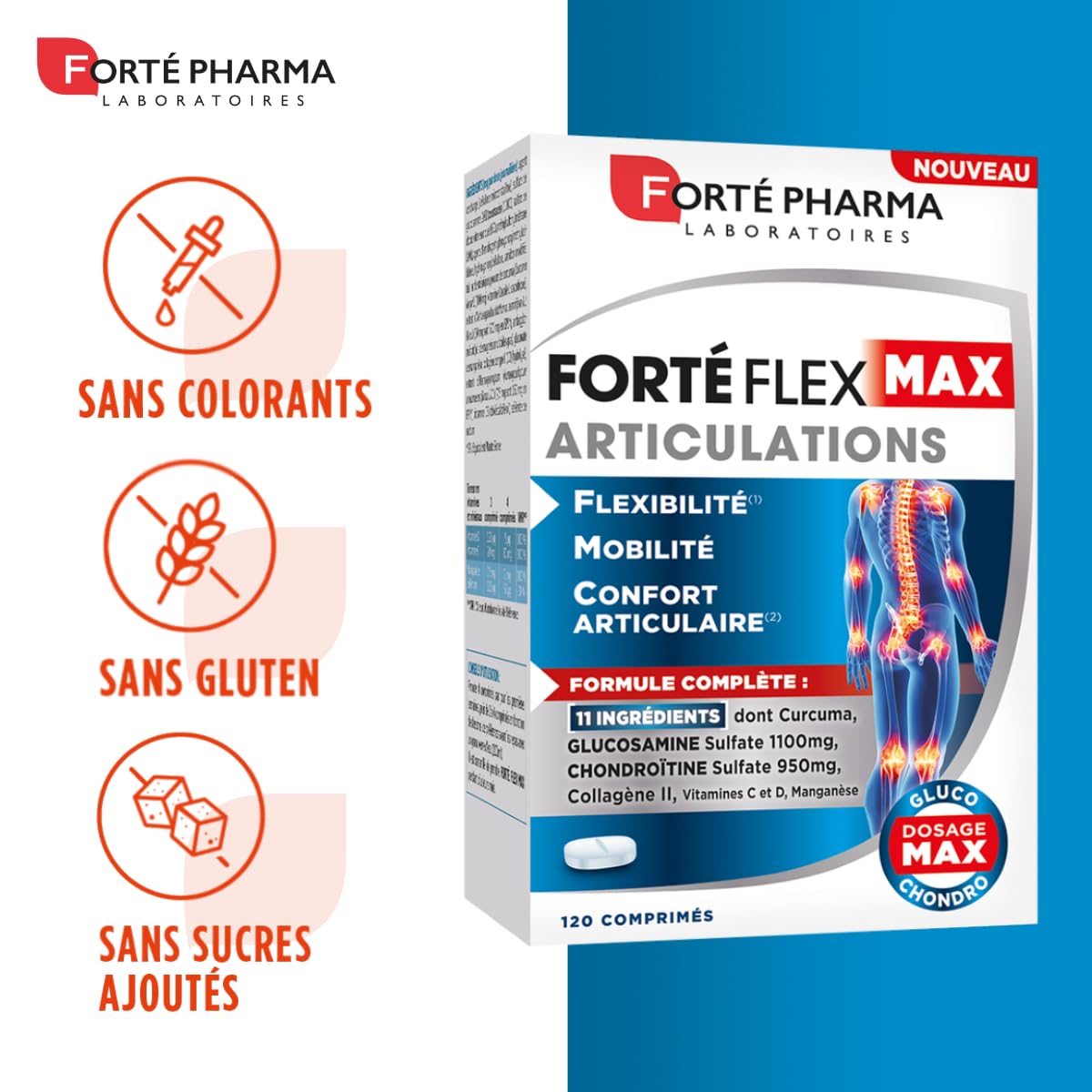Forté Pharma - Forté Flex Max Articulations - Complement alimentaire articulations - Collagene hydrolysé, Curcuma, Glucosamine - Confort Articulaire, Mobilité, Souplesse - 120 comprimés, 1-3 mois