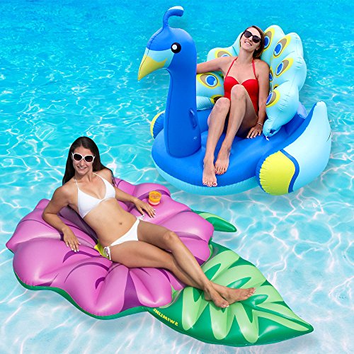 Swimline Hibiscus Flower Float and Peacock Pool Float Combo Pack