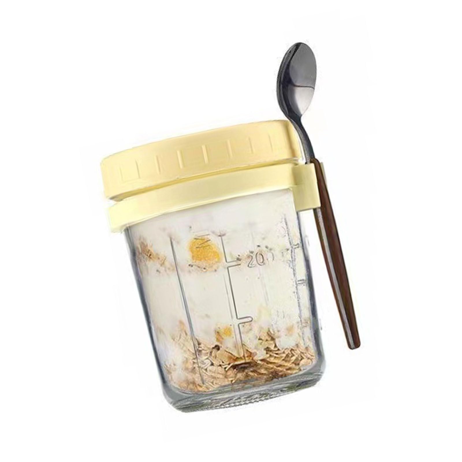 Veltros Glass Storage Jar with Cover and Spoon for Oatmeal Fruits and Nut Elegant Overnight Oats Jar Impermeable Glass Cup with Hanging Spoon