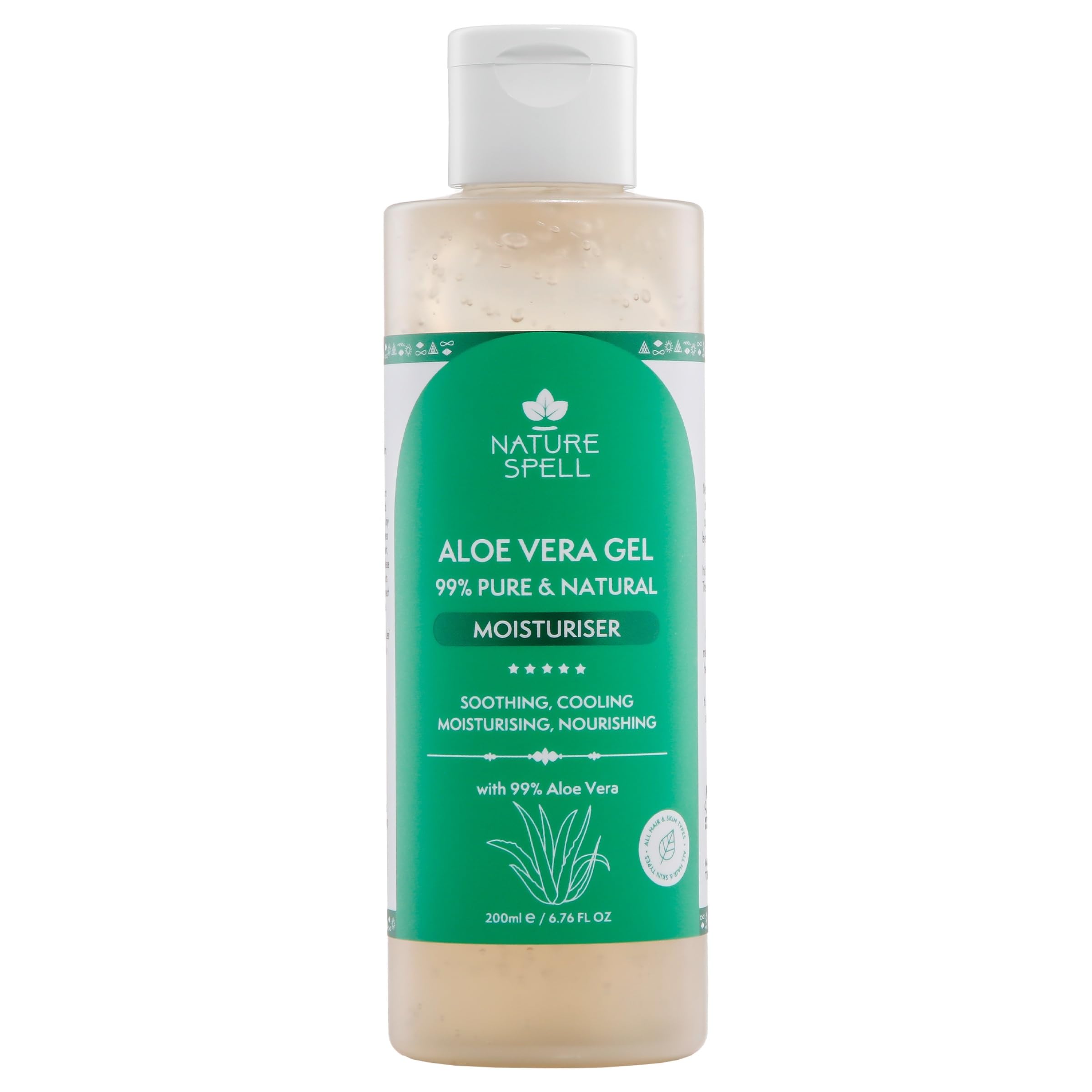 Nature Spell Pure Aloe Vera Gel for Face, Body and Scalp, Soothing and Nourishing for All Skin Types, Cooling and Moisturising Care, Natural Skincare, Fast Absorbing, Fragrance Free, Vegan, 200ml
