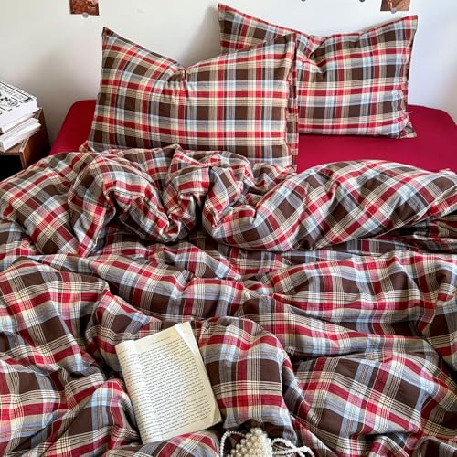 Image of EAVD Vintage Red Brown Buffalo Plaid Duvet Cover Twin 100% Wasehd Cotton Plaid Bedding Set with Grid Checkered Pattern Farmhouse Gingham Duvet Cover with Zipper Closure 2 Pillowcases for All-Season