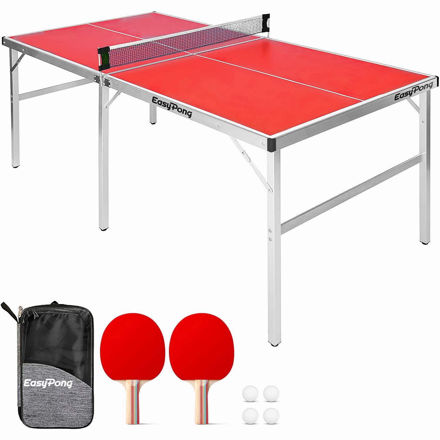 Original Cup EasyPong Table Tennis Table Red | 182 x 91 cm Easy to Carry | Stable | Ideal for Outdoor and Indoor | 2 Rackets + 4 Balls | Table Tennis | 100% Fun
