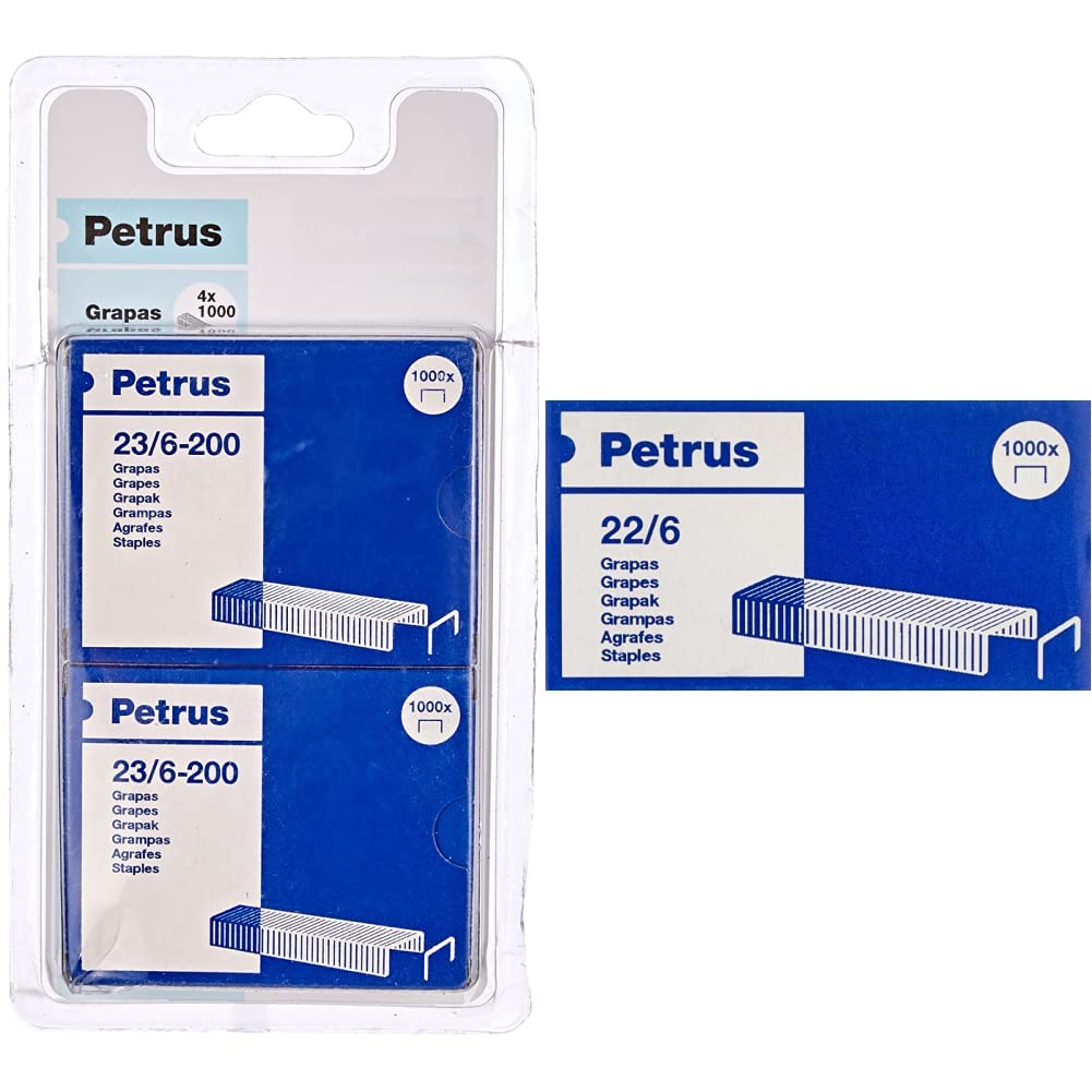 Petrus Grapas, 20 hojas, Largo 6 mm, 1000 grapas, Modelo 23/6-200, 55782 & 22/6 - Grapas