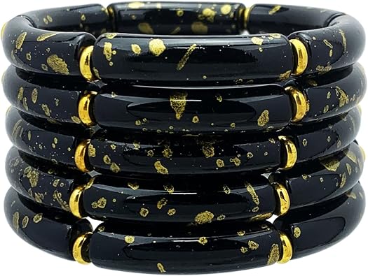 Summer Bangles Bracelets for Women Chunky Curved Stackable Bracelets Acrylic Beaded Stretch Bracelets for Teen Girls Gift