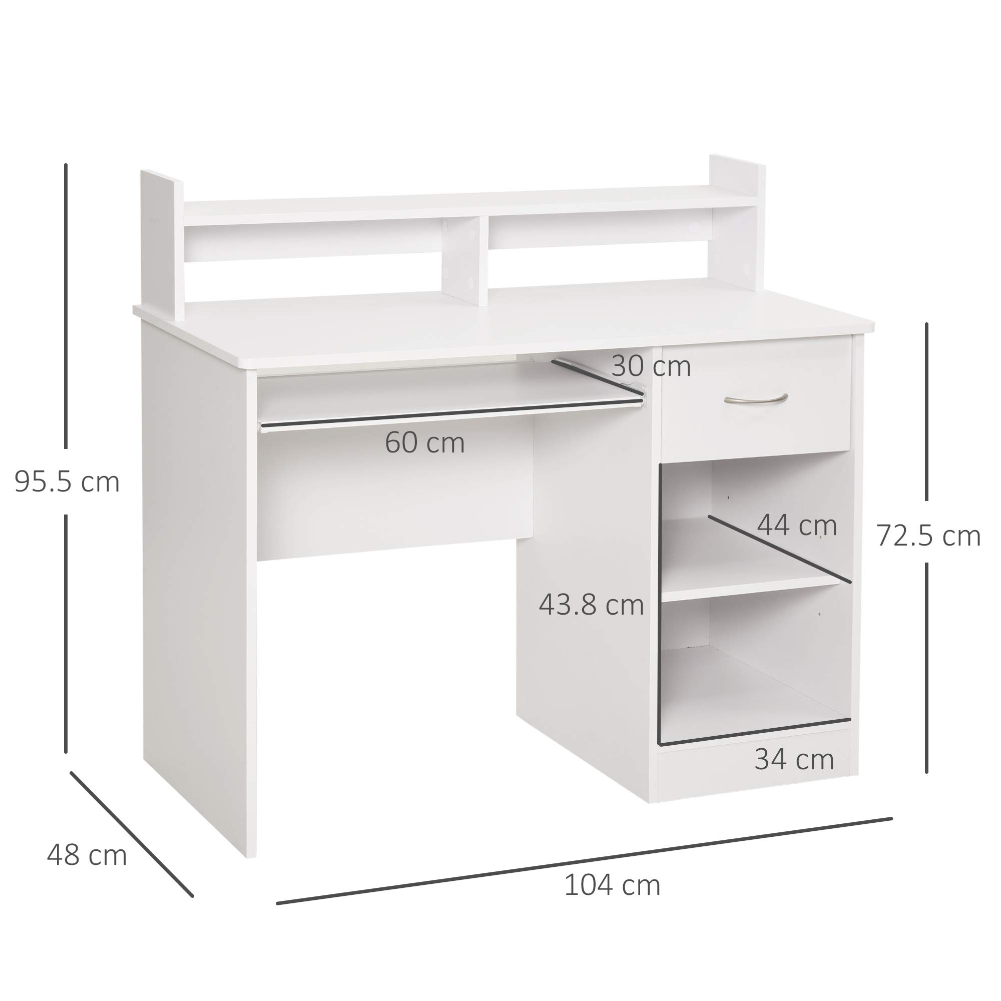 HOMCOM Scrivania per Computer Compatta, Scrivania PC Fisso in Legno Bianco con Ripiano Tastiera Estraibile e Mensole 104x48x95.5cm