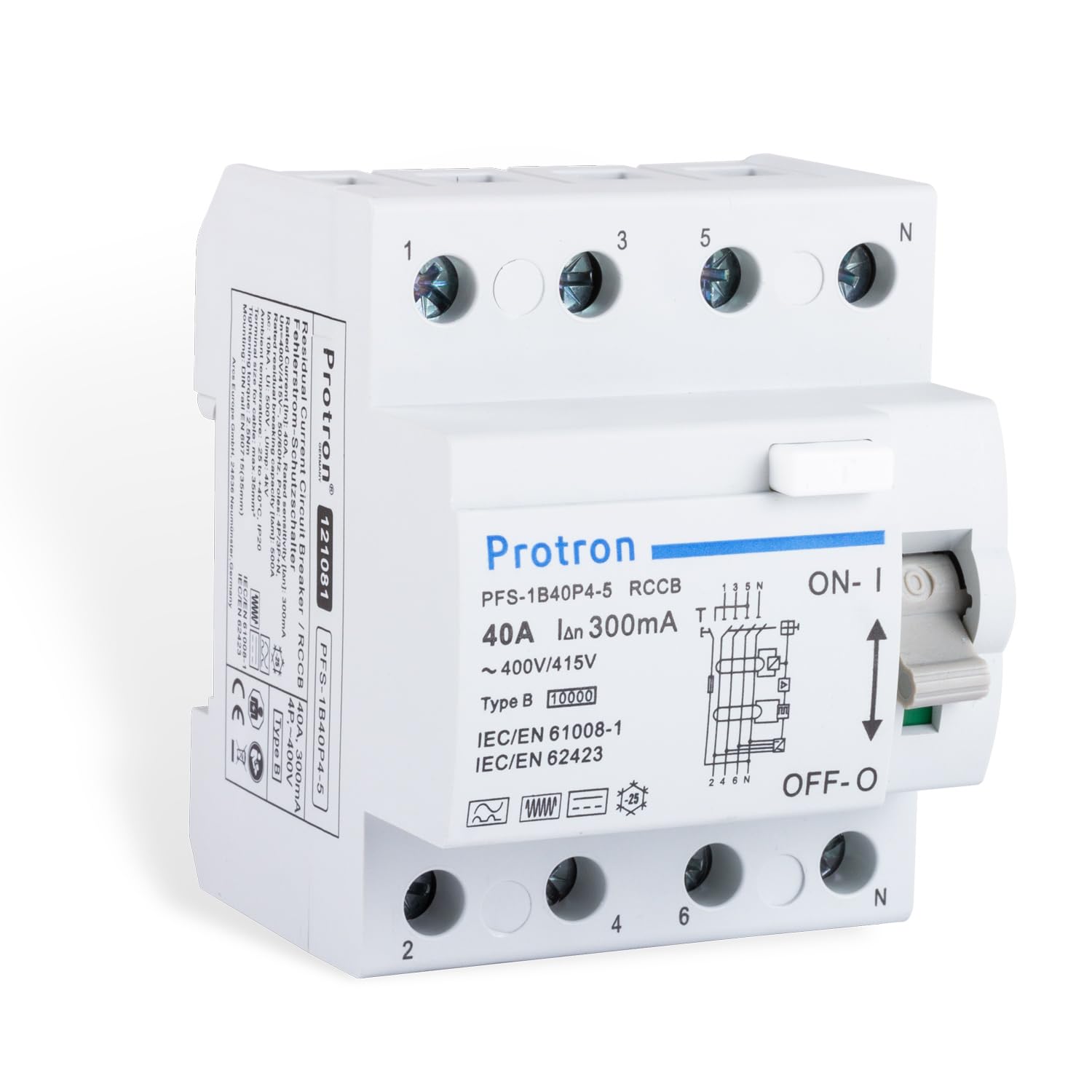 Protron FI Fehlerstromschutzschalter FI Typ B Allstromsensitiv 4P, RCCB RCD für PV Anlage Wallbox E-Auto (40A-300mA)