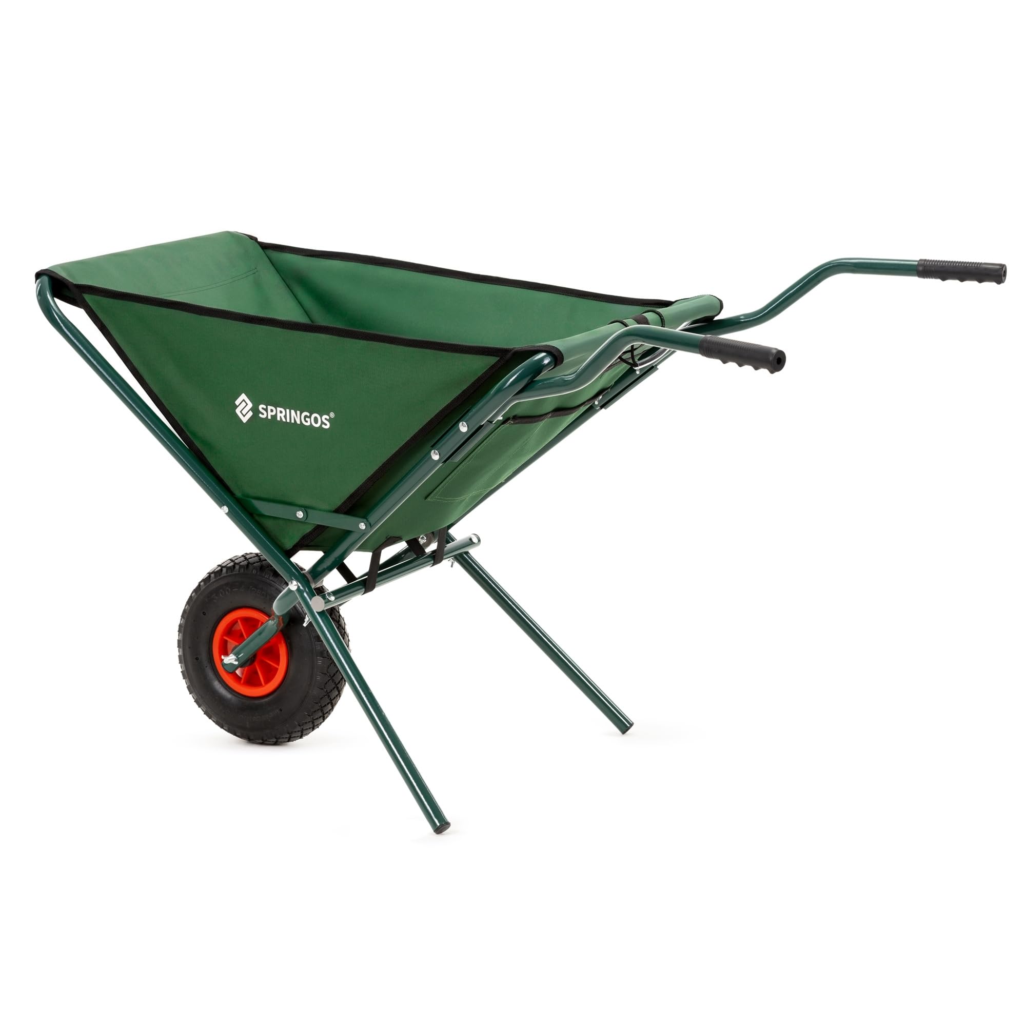 Carretilla de jardín plegable de 50 l con neumáticos de aire, carretilla de transporte de tela Oxford, marco de acero, compartimentos para herramientas, carretilla plegable para jardinería, verde