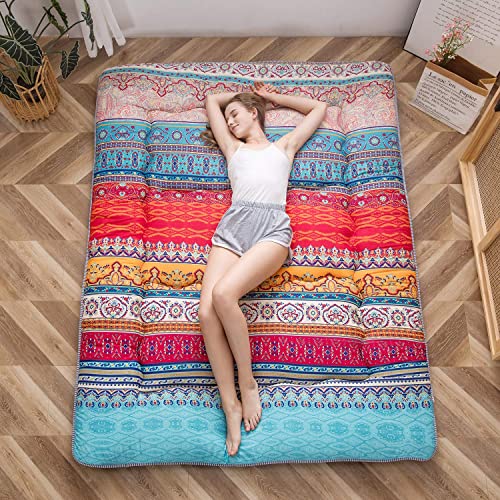 Image of MAXYOYO Bohemian Retro Vintage Floral Japanese Futon Mattress Roll Up Tatami Floor Foldable Mat Portable Camping Mattress Sleeping Pad Floor Lounger Couch, King