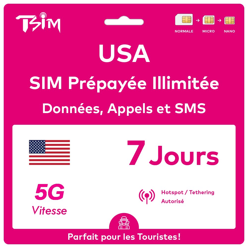 Carte SIM USA 7 Jours. Réseau T-Mobile avec données illimitées à Haute Vitesse en 5G/4G/LTE | Appels et SMS locaux illimités aux USA (Hawaï Inclus). Carte SIM 5G !