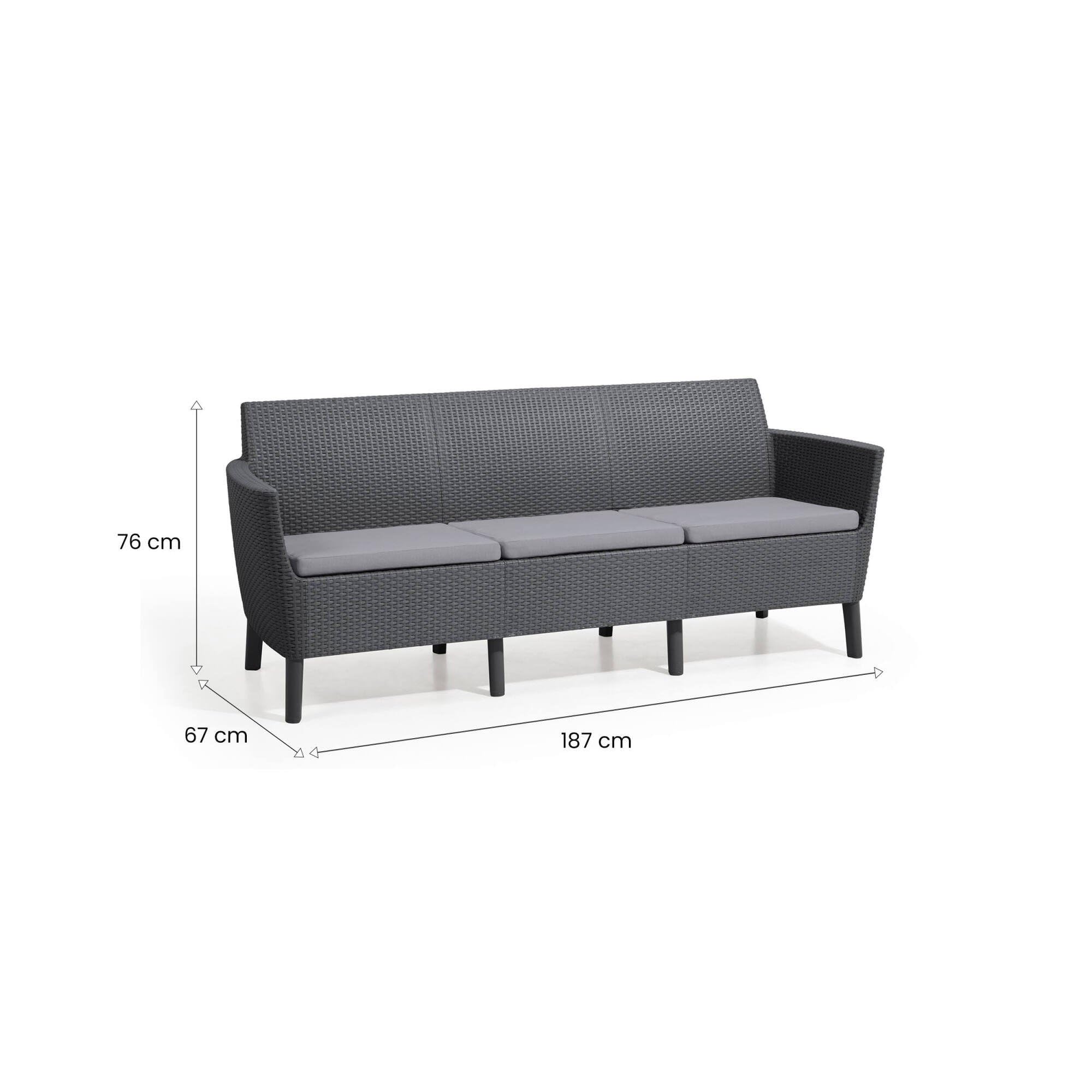 Dmora Divano da Esterno Tufino 66.5x187 cm Nero Antracite 3 Posti Resistente ai Raggi uv, Cuscini Inclusi
