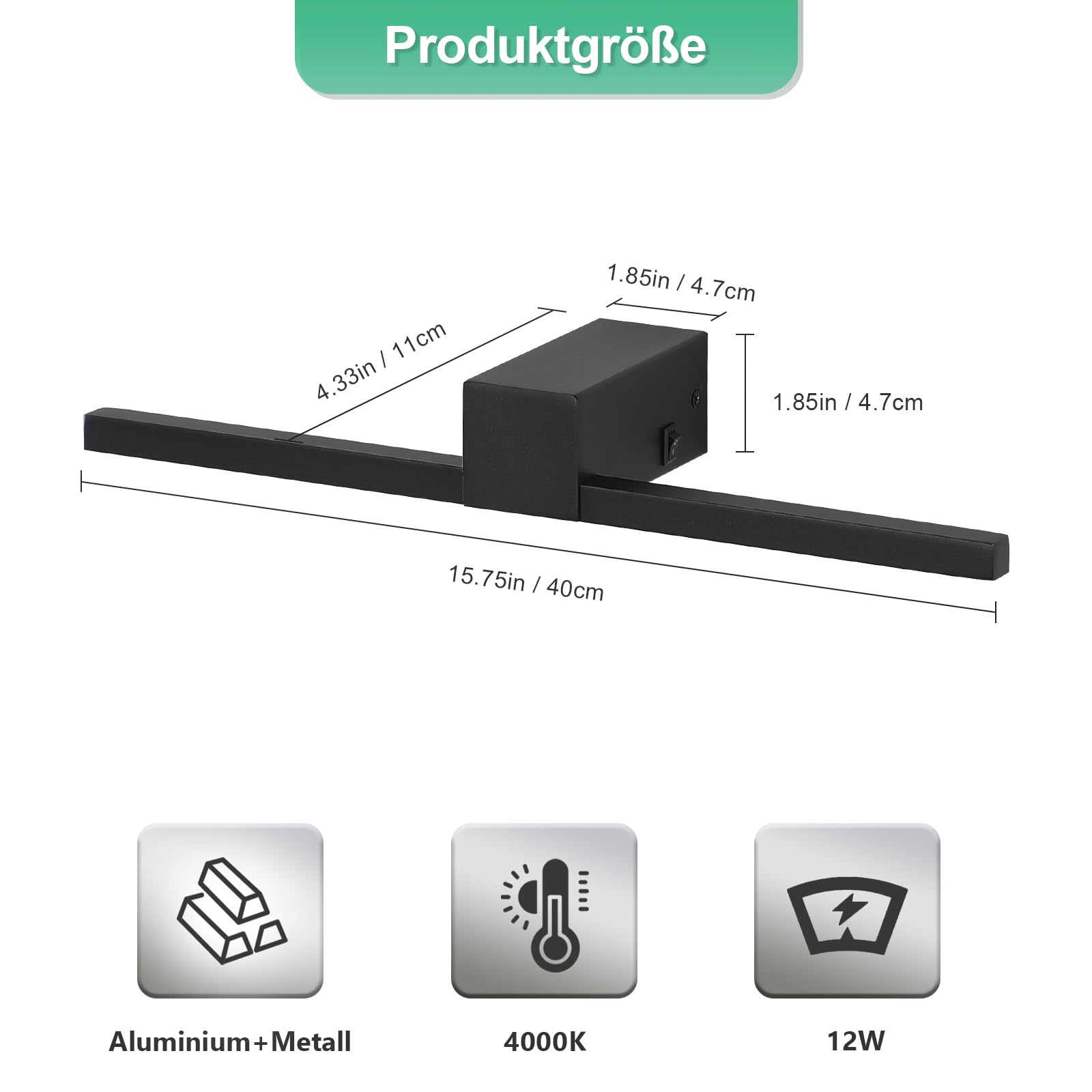 LED Spiegelleuchte Badezimmer 40cm, Badbeleuchtung IP20, 12W 960 Lumen, Badleuchte Aluminium, Neutrales Licht 4000K, Schwarz (Schwarz, 40cm)