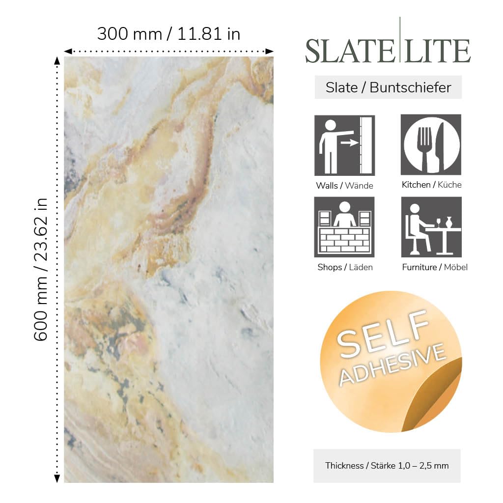 Slate-Lite Stick & Go - Azulejos de chapa de piedra real, 11.8 x 23.6 pulgadas, 11.6 pies cuadrados, paquete de 6 – Superficie de pizarra natural y mica con variaciones de color únicas, fácil