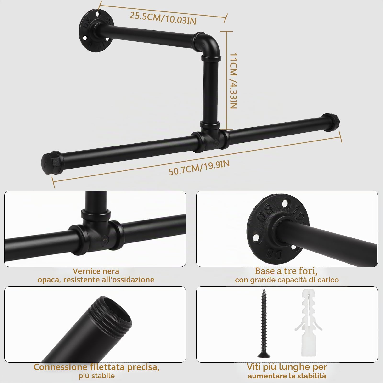 2 Pezzi Barra Appendiabiti da Parete, 50cm Appendiabiti per Tubo Industriale in Metallo, Attaccapanni da Muro Salvaspazio, Staccabile Attaccapanni da Parete Nero per Camera, Negozio, Capacità 50kg