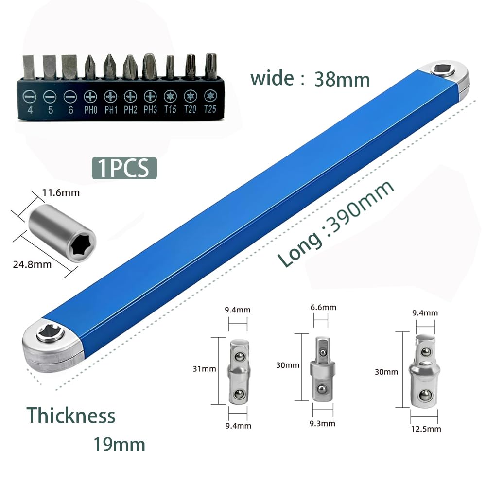 Clé D'extension Décalée,Angle Fix Pro Outil,Cle Extension Decalee Avec jeu d'embouts de tournevis,Adaptateurs Carrés de 1/2", 1/4" et 3/8", Douille D'entraînement, Clé à Cliquet pour Petits Espaces