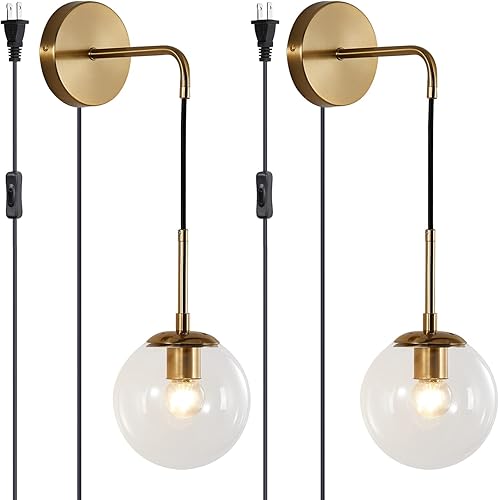 Miniatura 10 de BOKT Juego de 2 apliques de pared modernos de mediados de siglo con forma de globo de latón cepillado dorado juego de 2 lámparas de pared de bola