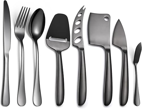 Juego de 8 cuchillos de queso negro con cuchillo de comedor, tenedor, cuchara de acero inoxidable, multifuncional, utensilios de cocina, utensilios