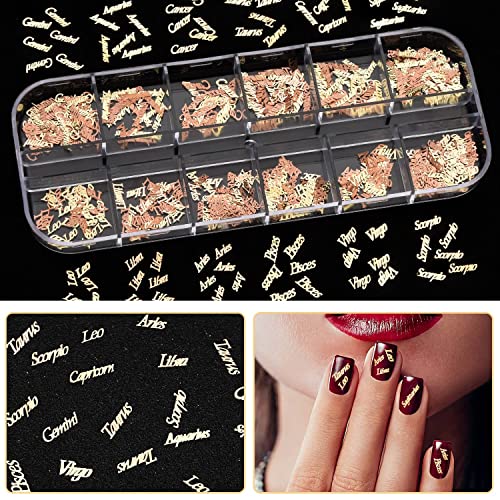 Noverlife 1200Pcs Zodiac Nail Charm Flakes, 12 Constellation Alloy Nail Sequins, 3D Gold 12 Constellation Nail Glitters Zodiac Words Letters Nail Stickers, For Nail Diy Craft Scrapbooking Phone Case #TOP1