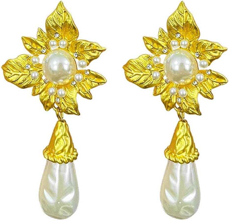 Chunky Flower Pearl Drop Dangle Earrings for Women,Vintage Teardrop Pearl Statement Dangling Earrings,Charming Dainty Jewelry Accessories Gifts - Image 7