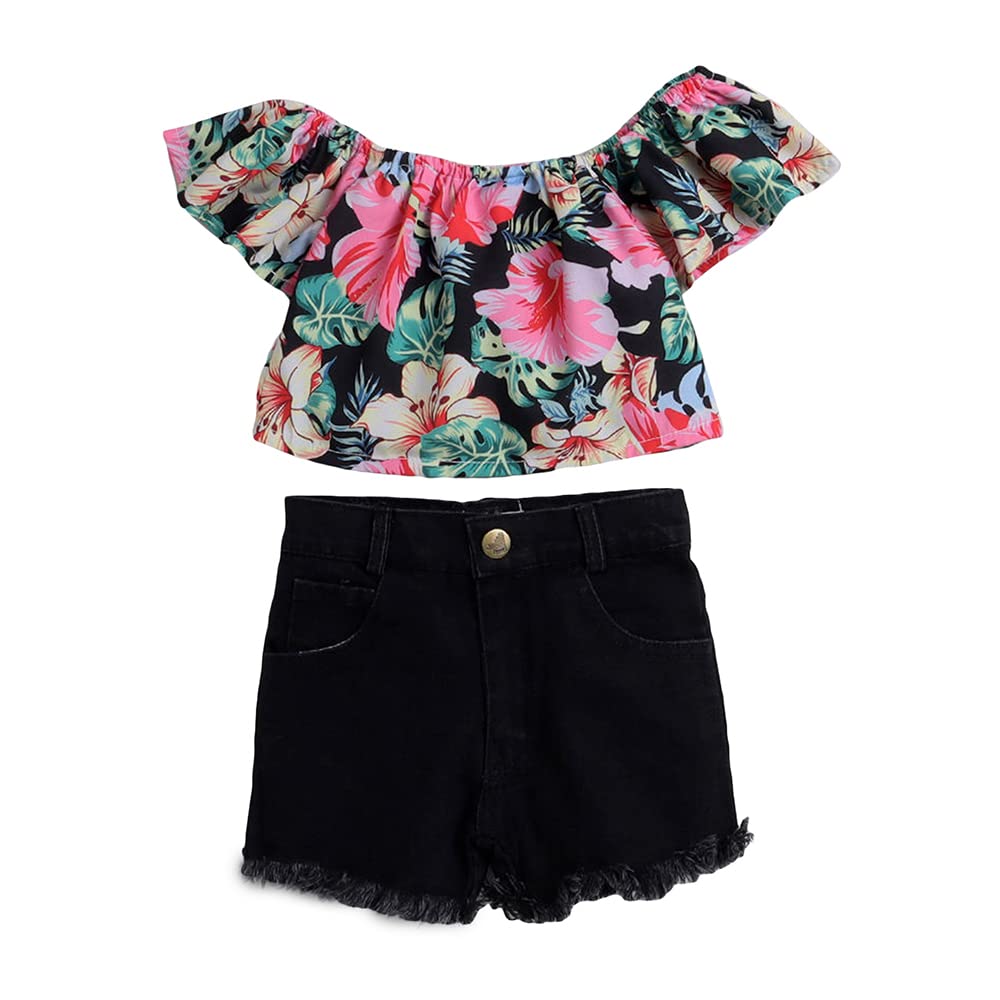 HopscotchGirls Cotton, Polyester Floral Print Blouse And Shorts Set in Black Color