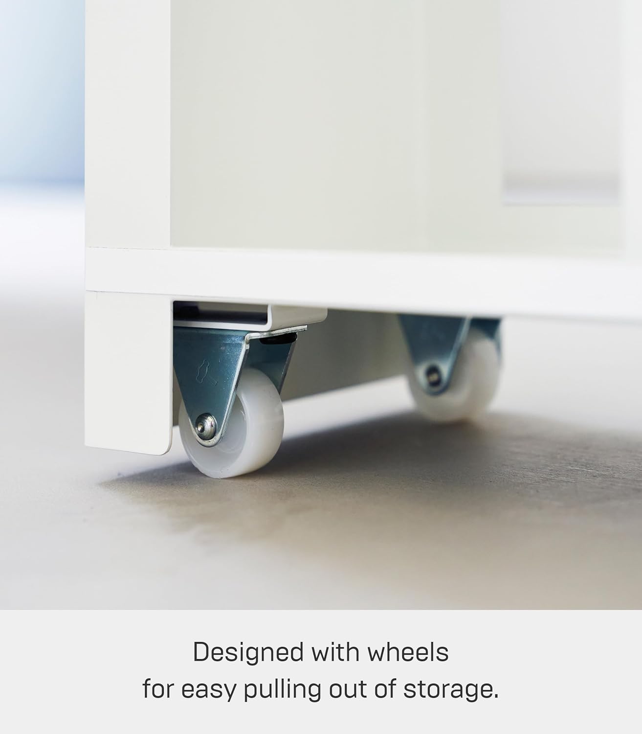 Yamazaki Home Pull-Out Bathroom Storage Cabinet – Slim Bathroom Storage Cabinet with Wood Top, Steel Organizer for Toilet Paper and Cleaning Supplies, Modern Space-Saving Design, White - Steel + Wood