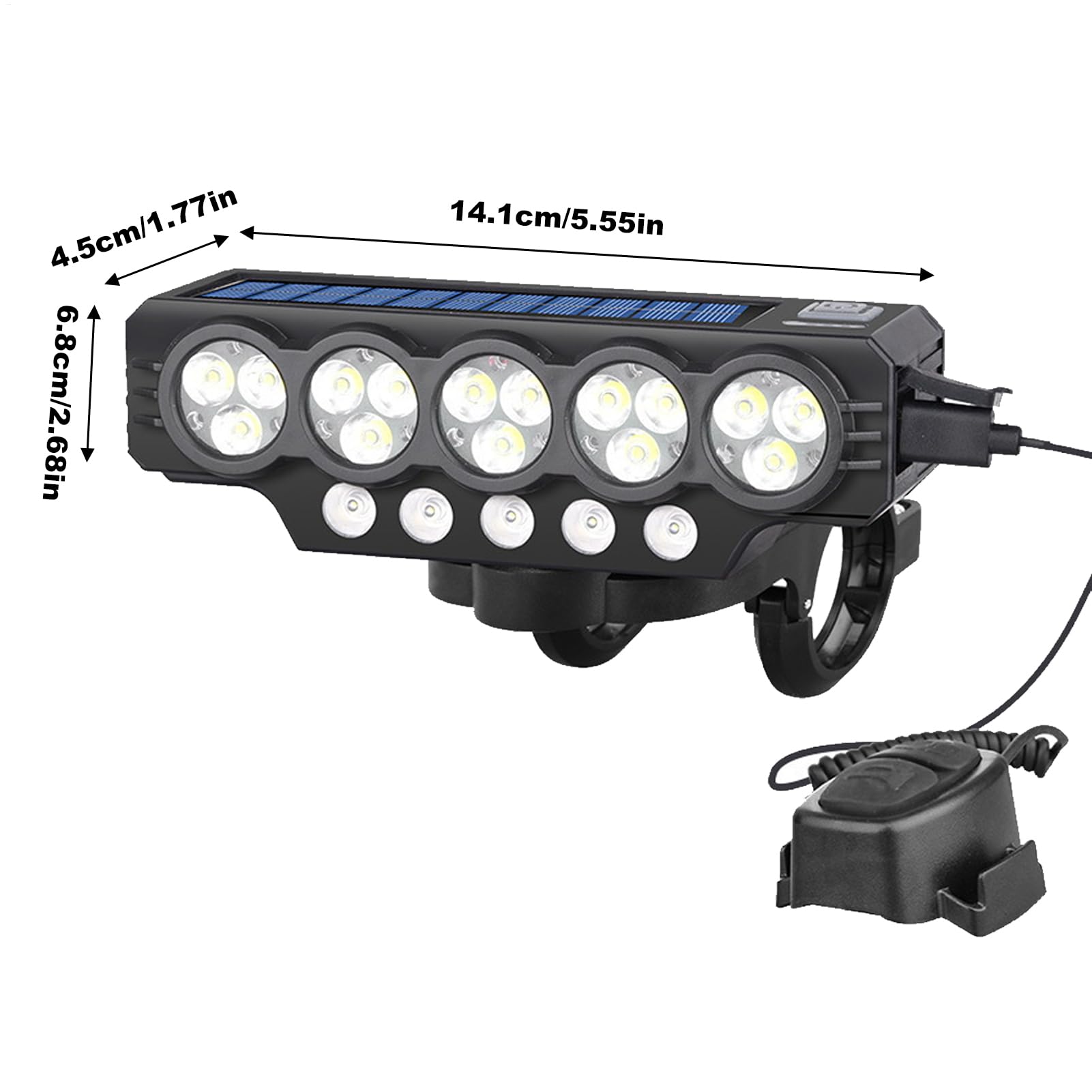 Luce per biciclette ricaricabile - Luci da bici anteriore solare per la guida notturna | 1,5 ore Carica rapida potente LED super luminoso con corno, porta USB, luci ciclistiche IP65 impermeabili per l